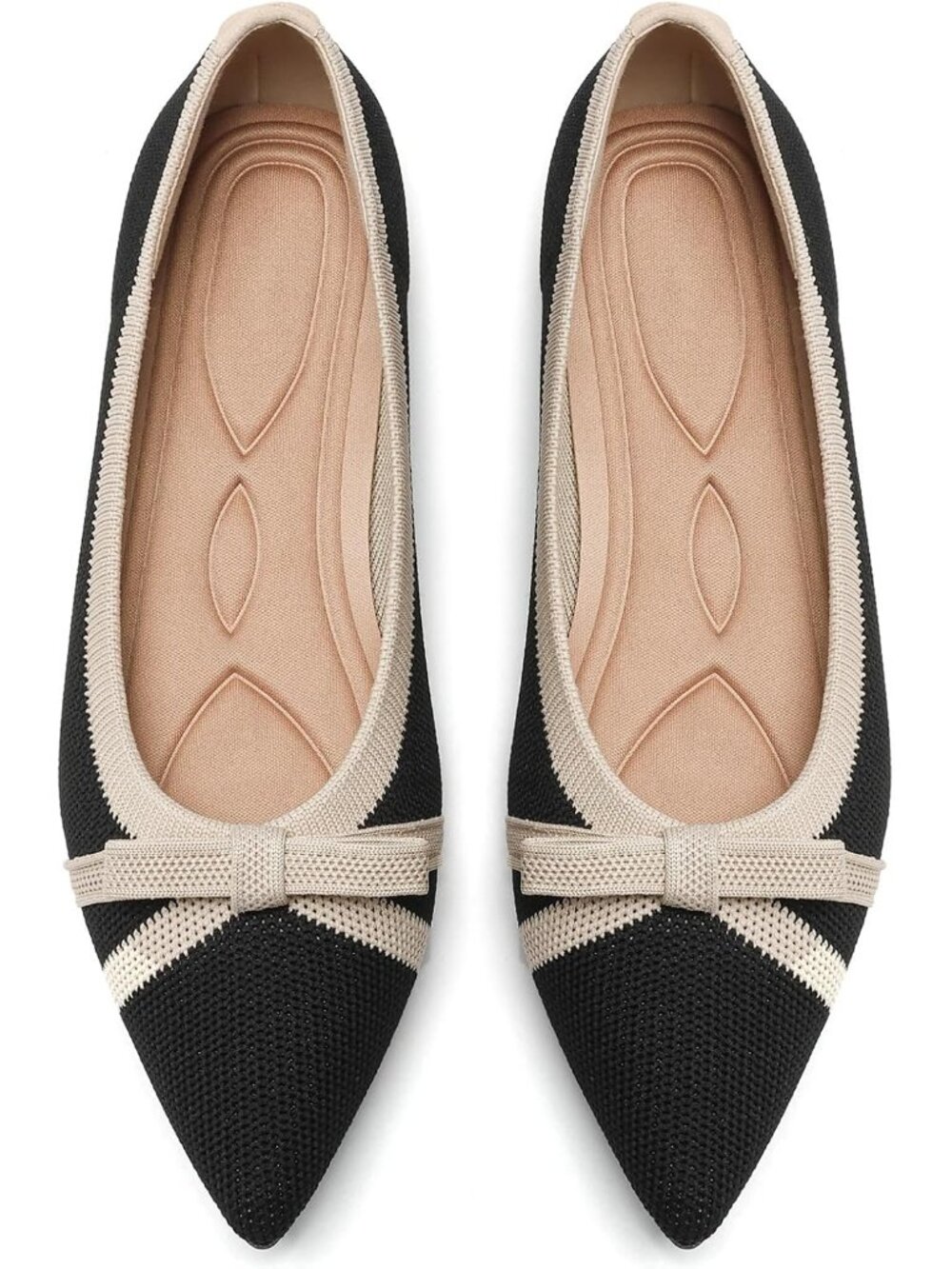Women's Black And Beige Comfortable Pointed Toe Knit Foldable Ballet Flat Shoes